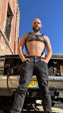 Load image into Gallery viewer, Blue leather bulldog harness with cock ring suspension
